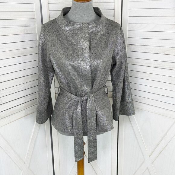 Jon by Teri Jon Open Mock Neck Metallic Belted Topper Jacket Silver Black Size 8 - Picture 1 of 16